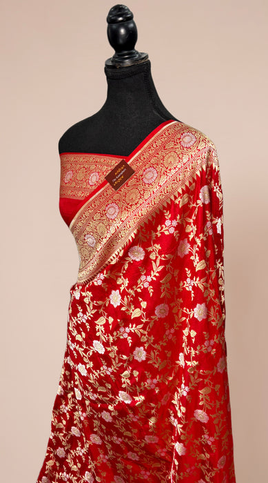 Red Pure Katan Banarasi Handloom Saree - Sona Roopa Work