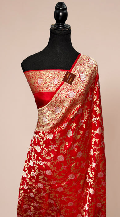 Red Pure Katan Banarasi Handloom Saree - Sona Roopa Work