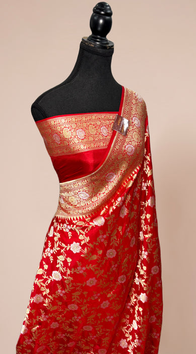 Red Pure Katan Banarasi Handloom Saree - Sona Roopa Work