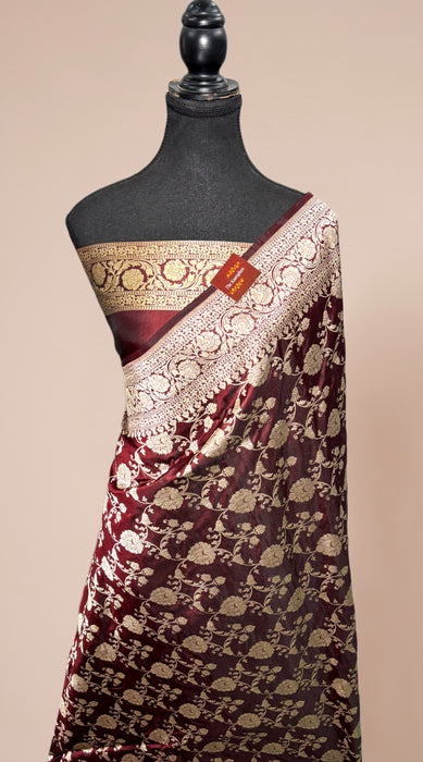 Italian Brown Pure Katan Banarasi Handloom Saree - Jaal work