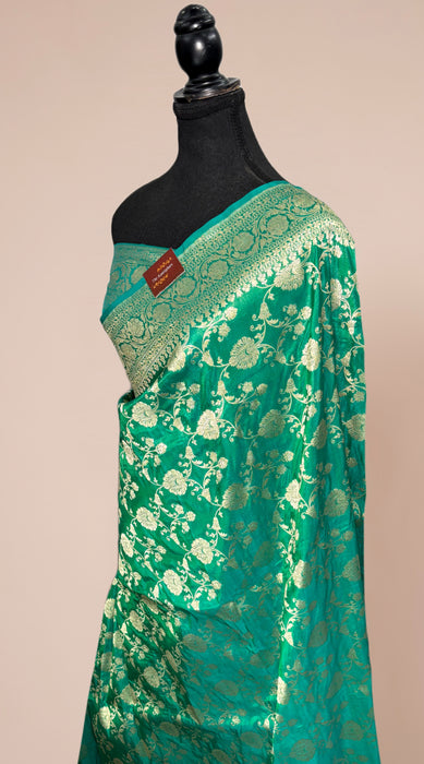 Green Dual Tone Pure Katan Banarasi Handloom Saree - Jaal work