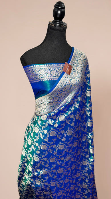 Spanish Blue Pure Katan Banarasi Handloom Saree - Jaal work