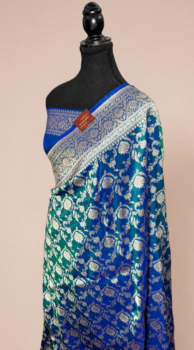Spanish Blue Pure Katan Banarasi Handloom Saree - Jaal work