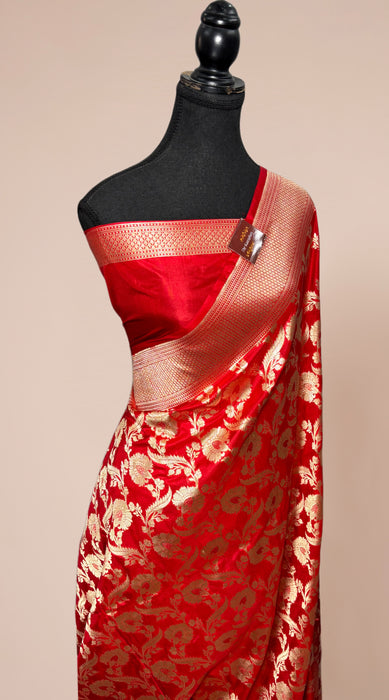 Red Pure Katan Banarasi Handloom Saree - Jaal work