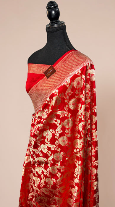 Red Pure Katan Banarasi Handloom Saree - Jaal work