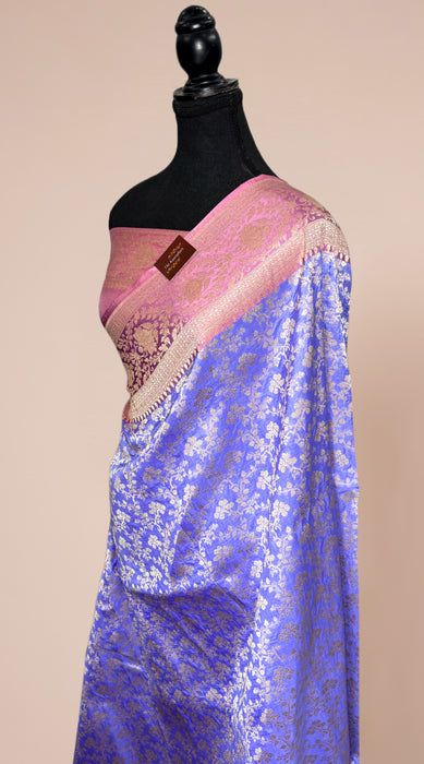 Light Blue Pure Katan Banarasi Handloom Saree - Jaal work with Satin Border