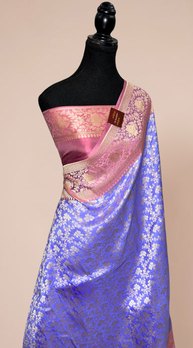 Light Blue Pure Katan Banarasi Handloom Saree - Jaal work with Satin Border