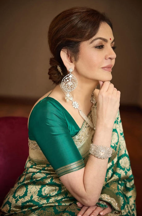 Nita Ambani Green Pure Katan Banarasi Handloom Saree - Jaal work