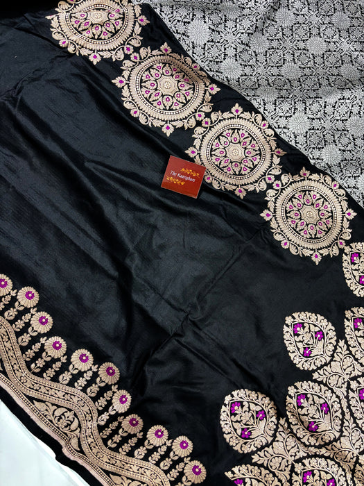 Black Pure Katan Banarasi Handloom Saree - Kadiyal Brocade Roopa Work