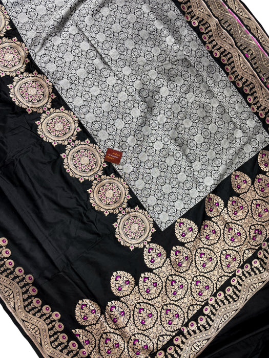 Black Pure Katan Banarasi Handloom Saree - Kadiyal Brocade Roopa Work