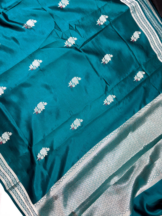 Peacock Green Pure Raw Mango Katan Banarasi Handloom Saree