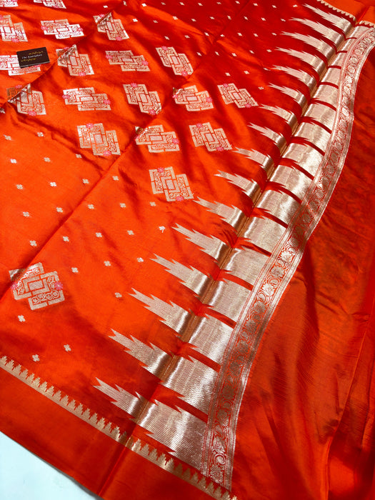 Hot Orange Pure Raw Mango Katan Banarasi Handloom Saree