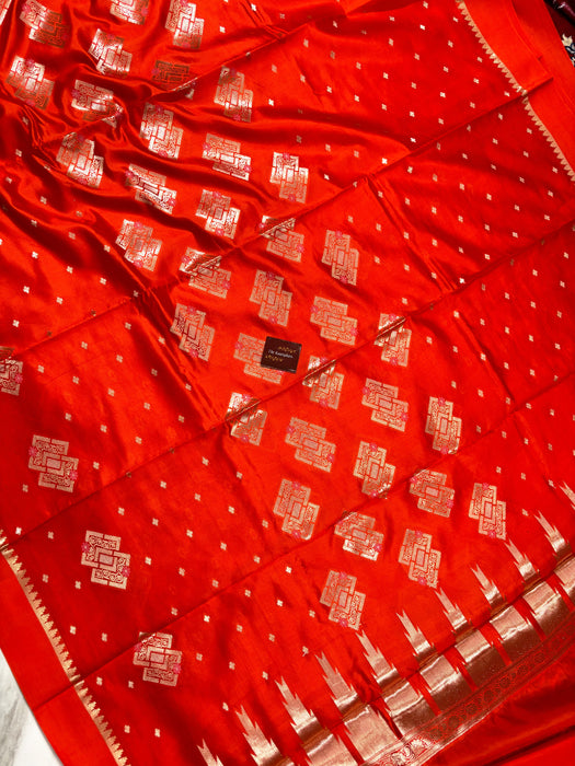 Hot Orange Pure Raw Mango Katan Banarasi Handloom Saree