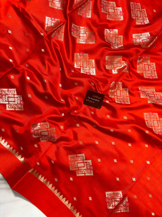 Hot Orange Pure Raw Mango Katan Banarasi Handloom Saree