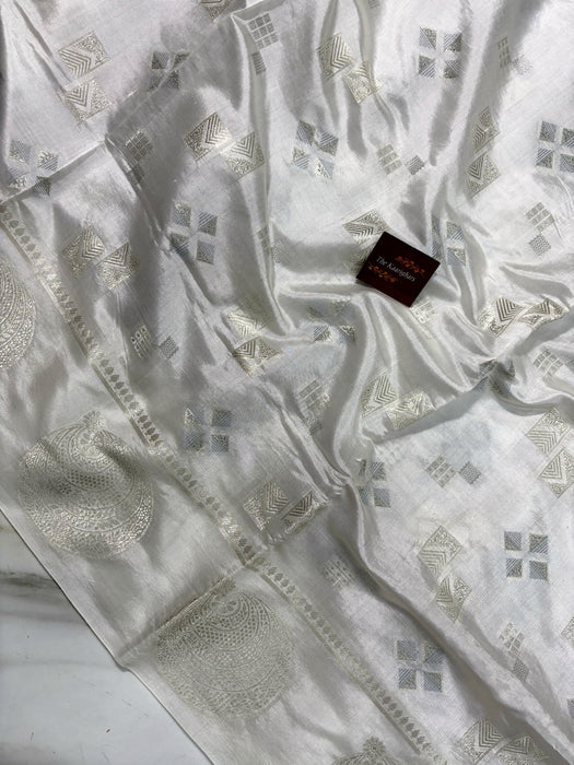 White Pure Raw Mango Katan Banarasi Handloom Saree