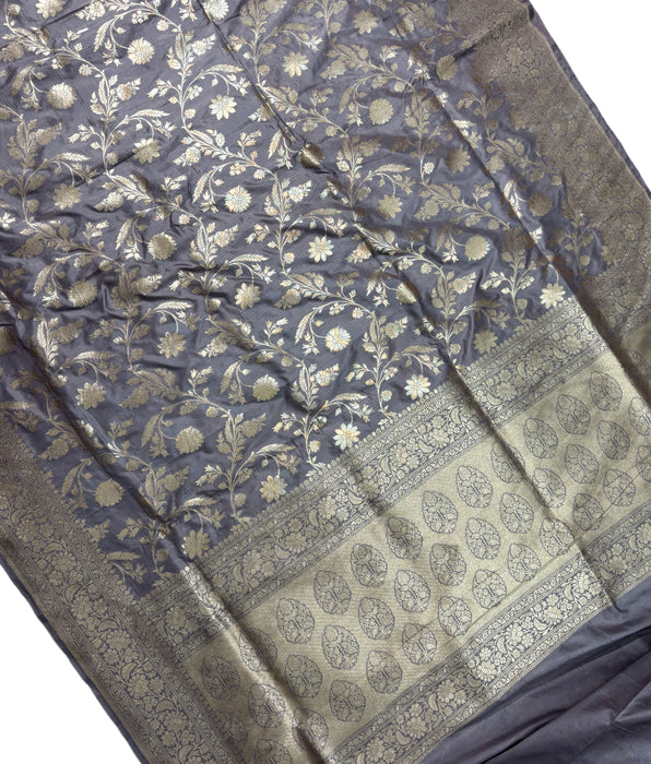 Sand Gray Pure Katan Banarasi Handloom Saree - Jaal work