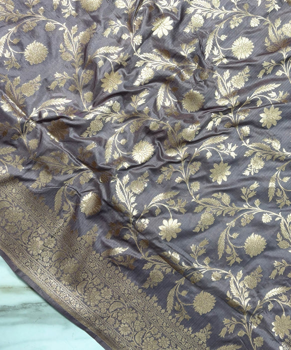 Sand Gray Pure Katan Banarasi Handloom Saree - Jaal work