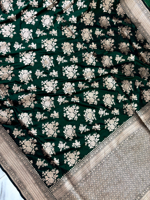Bottle Green Pure Katan Banarasi Handloom Saree - Buta work