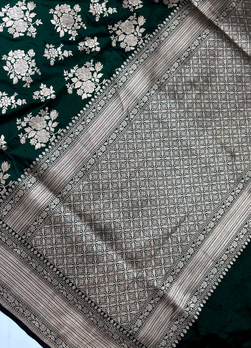 Bottle Green Pure Katan Banarasi Handloom Saree - Buta work