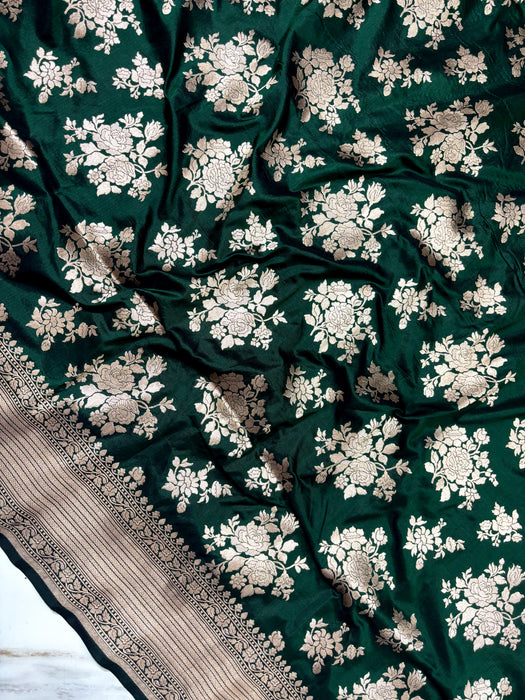 Bottle Green Pure Katan Banarasi Handloom Saree - Buta work