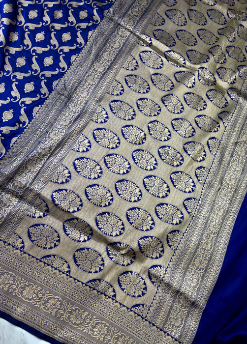 Blue Pure Katan Banarasi Handloom Saree - Jaal work