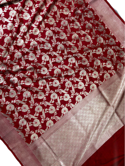 Red Pure Katan Banarasi Handloom Saree - Jaal work