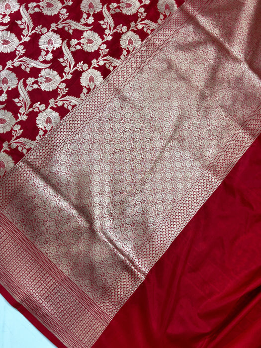 Red Pure Katan Banarasi Handloom Saree - Jaal work