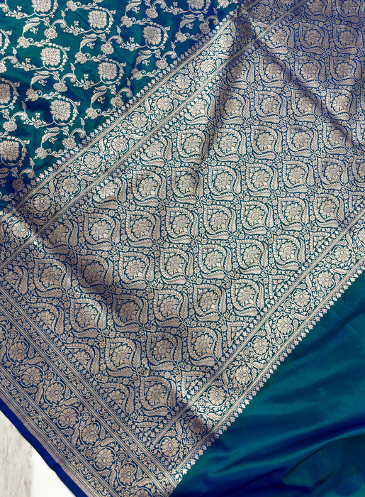 Spanish Blue Pure Katan Banarasi Handloom Saree - Jaal work