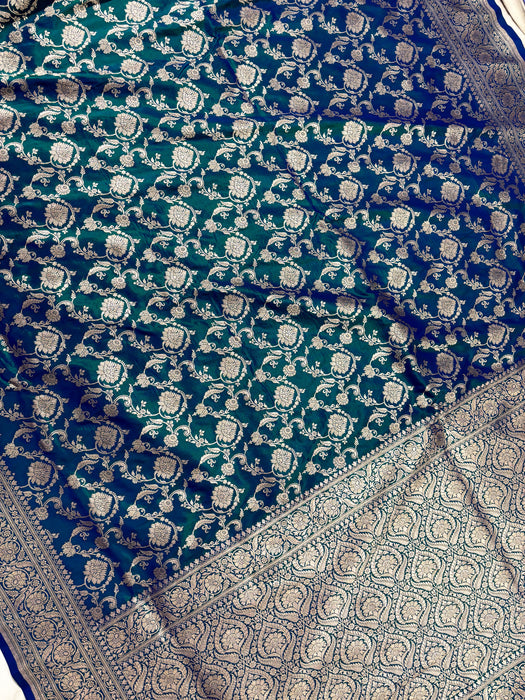 Spanish Blue Pure Katan Banarasi Handloom Saree - Jaal work