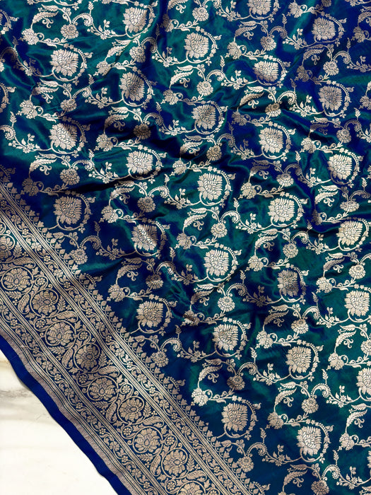 Spanish Blue Pure Katan Banarasi Handloom Saree - Jaal work