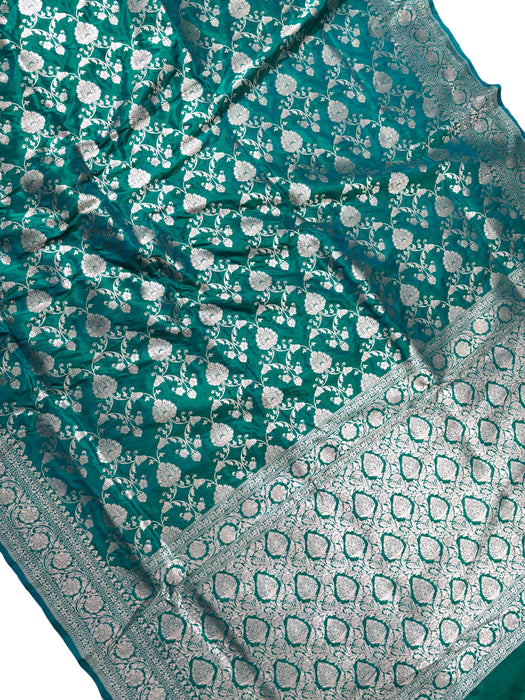 Green Dual Tone Pure Katan Banarasi Handloom Saree - Jaal work
