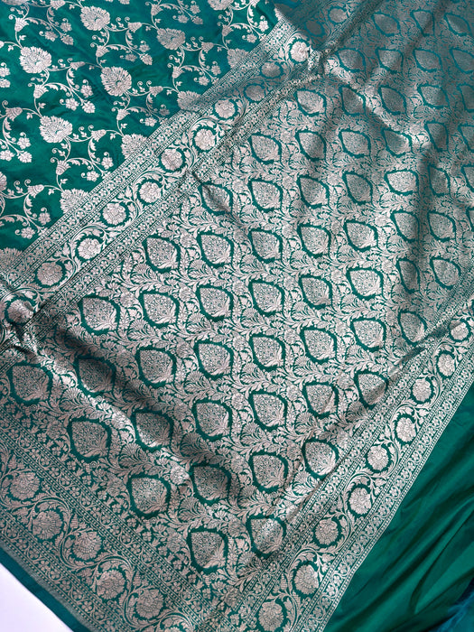 Green Dual Tone Pure Katan Banarasi Handloom Saree - Jaal work