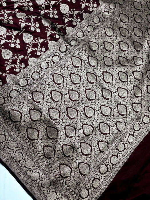 Italian Brown Pure Katan Banarasi Handloom Saree - Jaal work