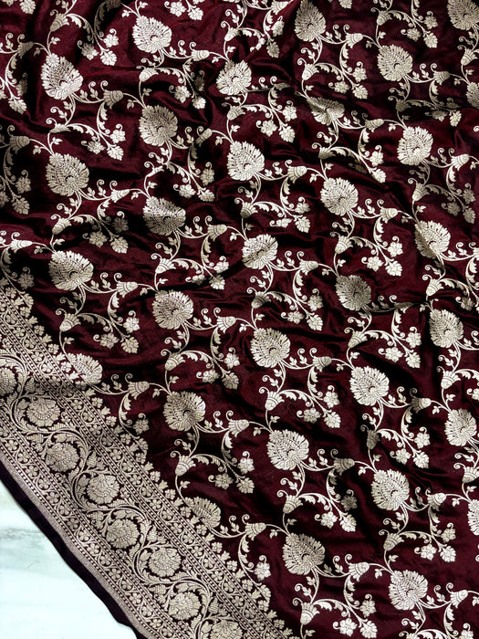 Italian Brown Pure Katan Banarasi Handloom Saree - Jaal work