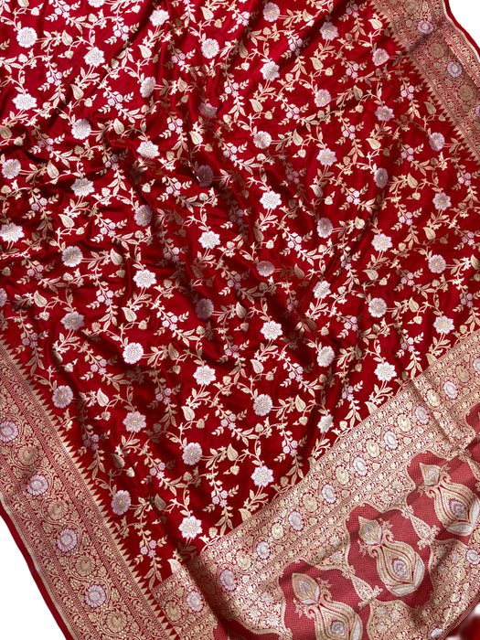Red Pure Katan Banarasi Handloom Saree - Sona Roopa Work