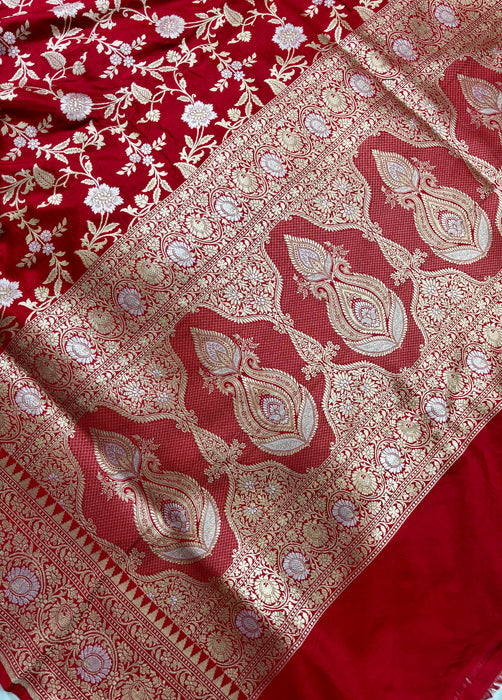 Red Pure Katan Banarasi Handloom Saree - Sona Roopa Work