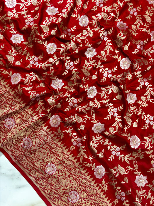 Red Pure Katan Banarasi Handloom Saree - Sona Roopa Work