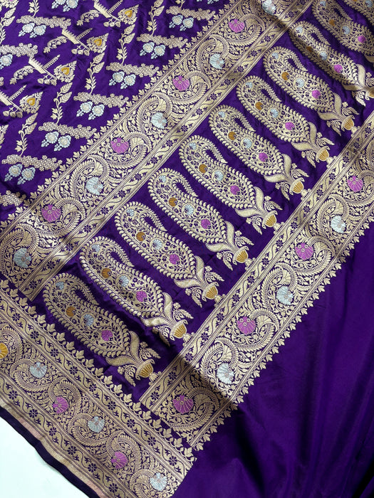 Purple Pure Katan Banarasi Handloom Saree - Sona Roopa Meenakari Work