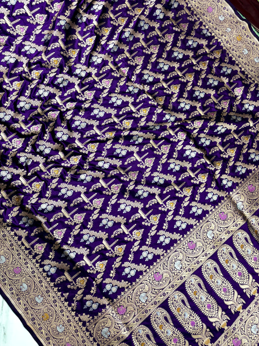 Purple Pure Katan Banarasi Handloom Saree - Sona Roopa Meenakari Work