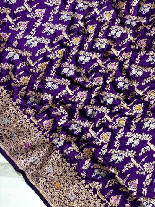 Purple Pure Katan Banarasi Handloom Saree - Sona Roopa Meenakari Work