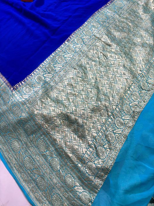 Blue Pure Khaddi Georgette Banarasi Saree - Water zari