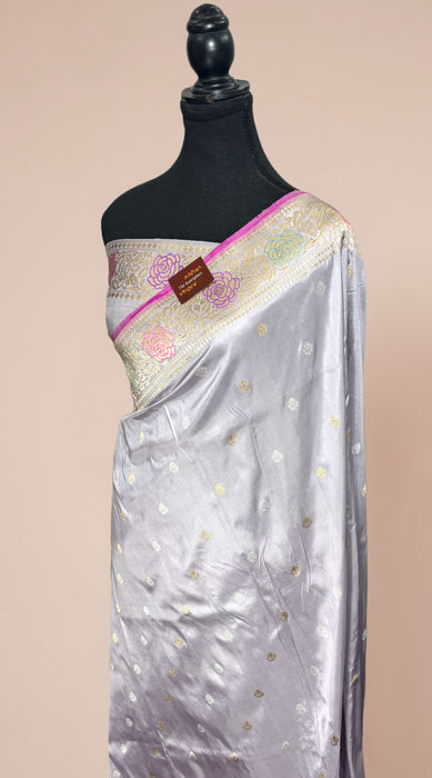 Cloudy Gray Pure Katan Banarasi Handloom Saree - Meenakari Kadiyal Motifs