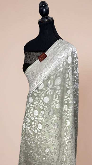 Pure Khaddi Georgette Banarasi Saree - Silver Zari