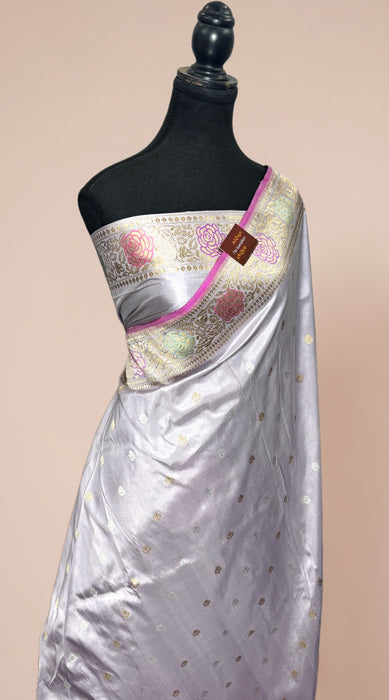 Cloudy Gray Pure Katan Banarasi Handloom Saree - Meenakari Kadiyal Motifs