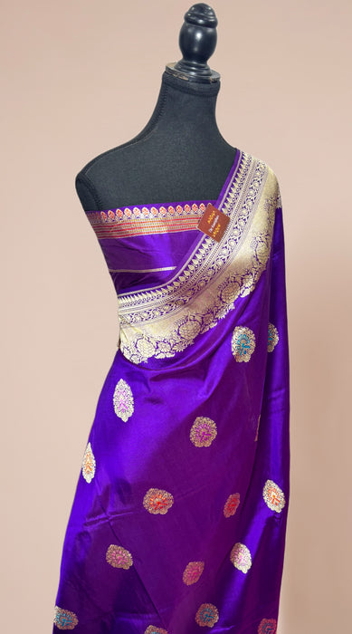 Night Purple Pure Katan Banarasi Handloom Saree - Meenakari Kadiyal Motifs