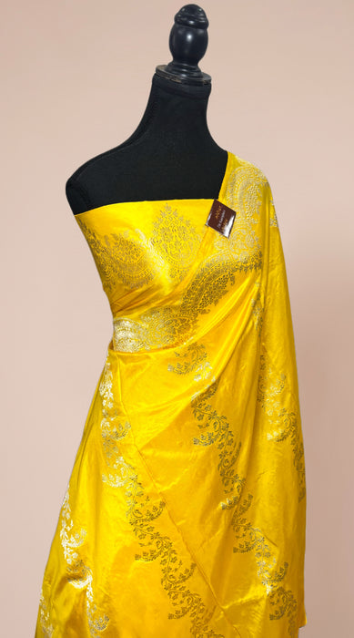 Yellow Pure Katan Banarasi Handloom Saree - Kadiyal Jaal Work