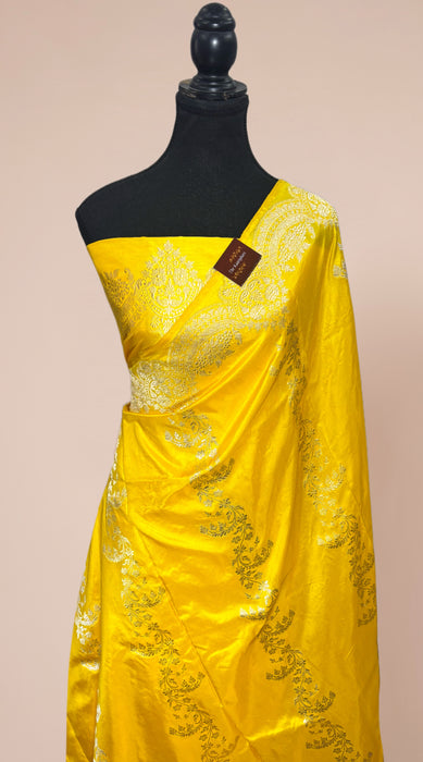 Yellow Pure Katan Banarasi Handloom Saree - Kadiyal Jaal Work