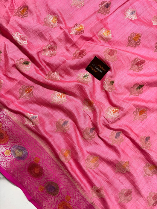 Pink Pure Soft Silk Chiniya Banarasi Handloom Saree - Meenakari