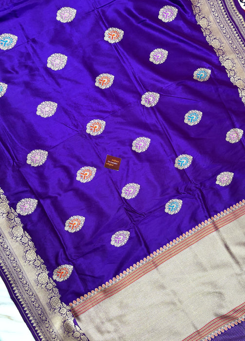 Night Purple Pure Katan Banarasi Handloom Saree - Meenakari Kadiyal Motifs