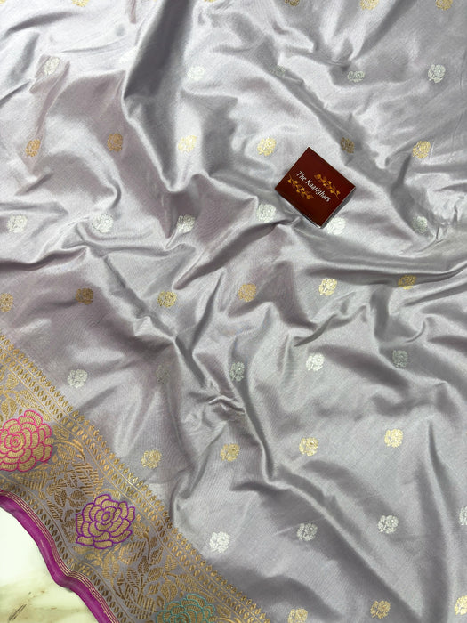 Cloudy Gray Pure Katan Banarasi Handloom Saree - Meenakari Kadiyal Motifs